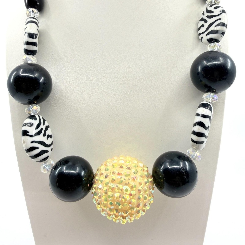 Vintage Black Zebra Bubble Bead Statement Necklace Yellow Glitter Shamballa Boho
